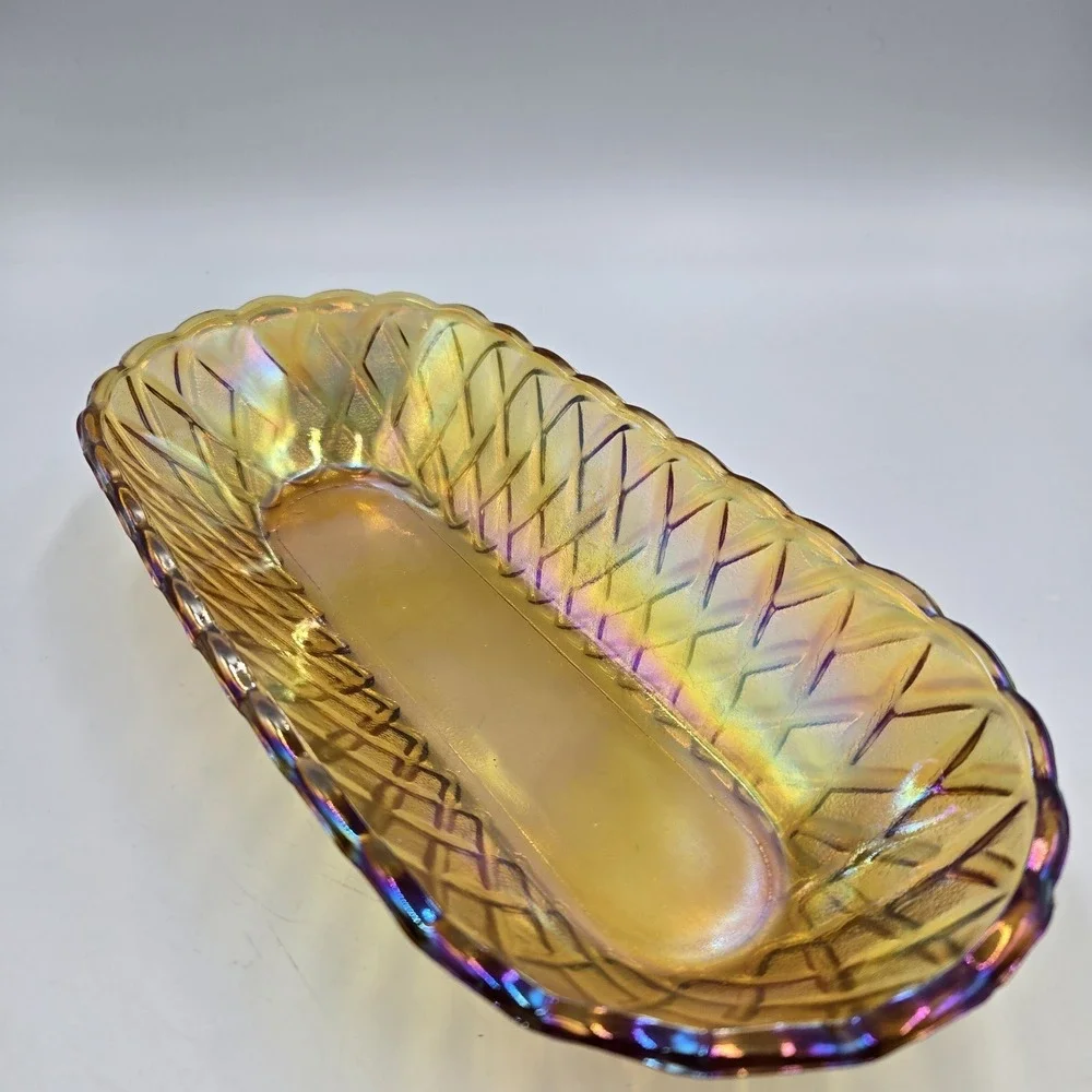 Vintage‎ Indiana Glass Oblong Bowls Relish Dish Iridescent Gold Carnival 10.5